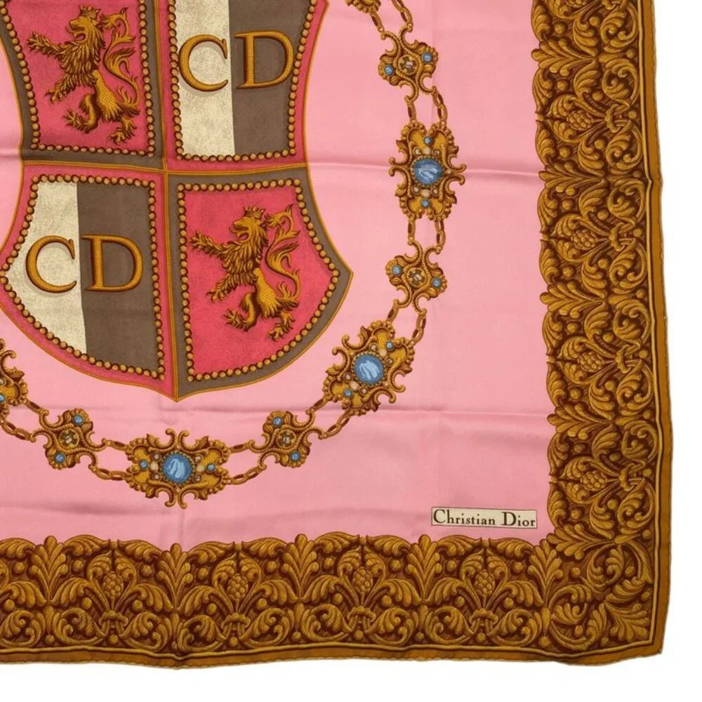 Dior Christian Scarf Silk Logo Emblem Pink Gold